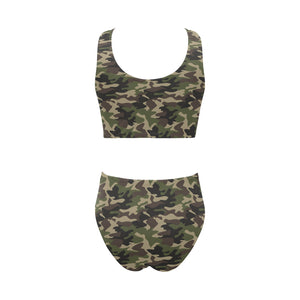 Dark Green camouflage pattern Chest Bowknot High Waisted Bikini Swimsuit