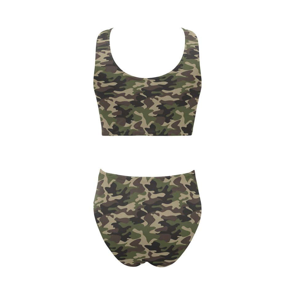 Dark Green camouflage pattern Chest Bowknot High Waisted Bikini Swimsuit