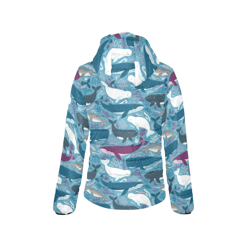 Whale design pattern Women's Padded Hooded Jacket