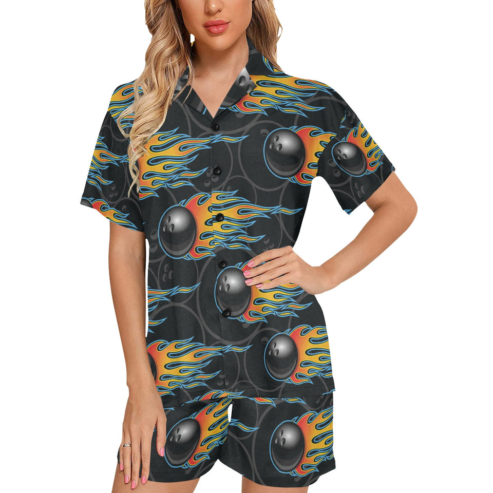 Bowling balls flame pattern Women's V-Neck Short Pajama Set