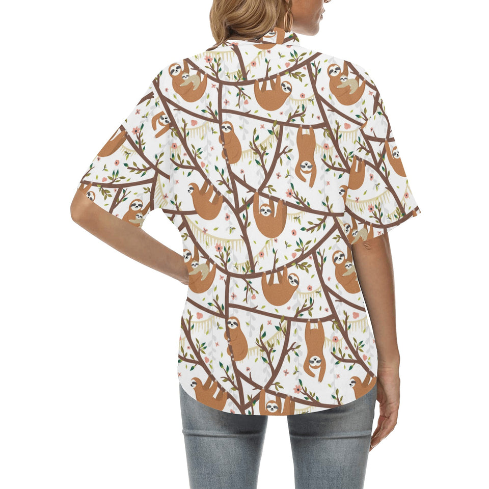 Sloths hanging on the tree pattern Women's All Over Print Hawaiian Shirt