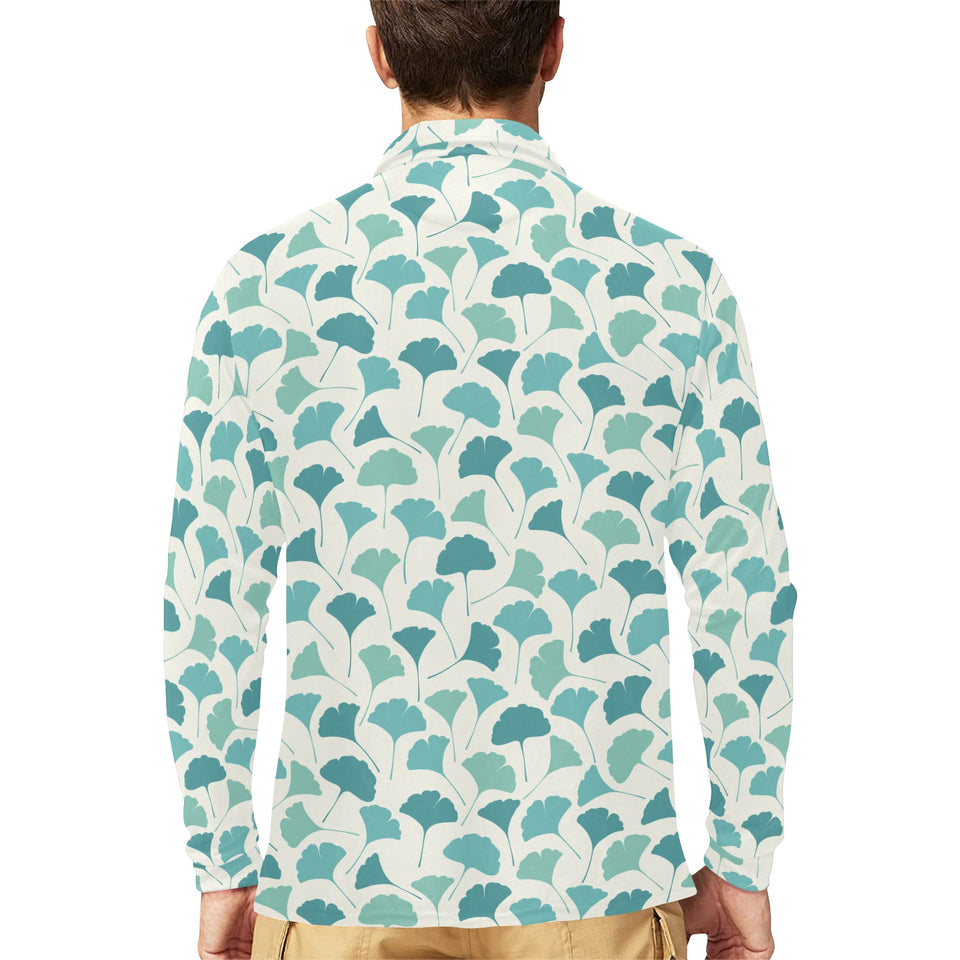 Green ginkgo leaves pattern Men's Long Sleeve Polo Shirt