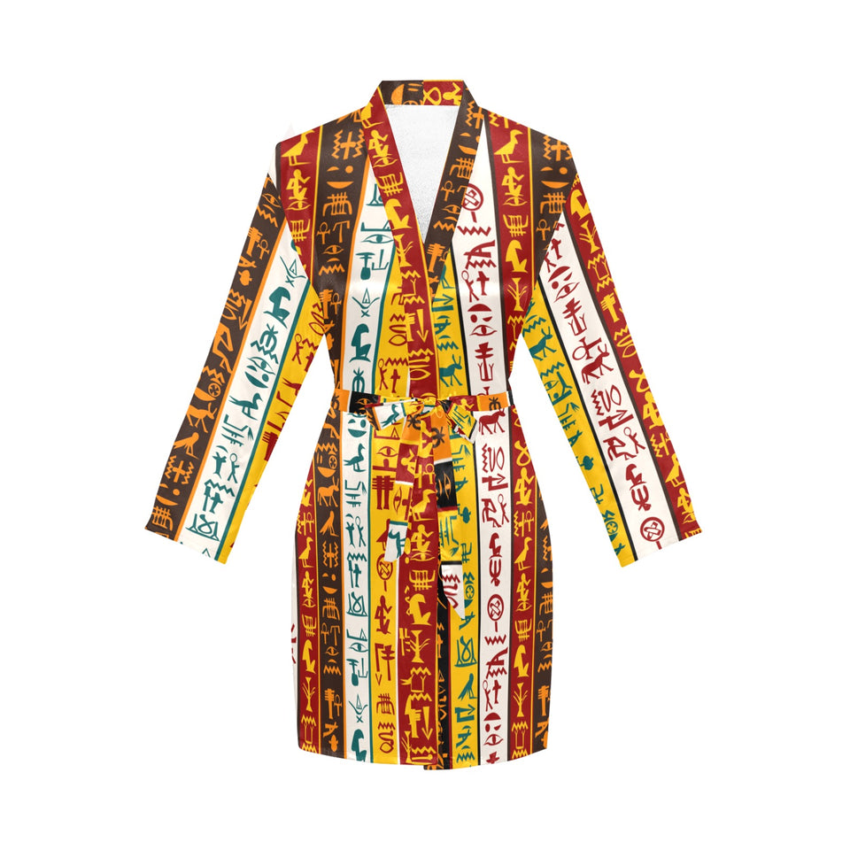 Egypt Hieroglyphics Pattern Print Design 01 Women's Long Sleeve Belted Night Robe