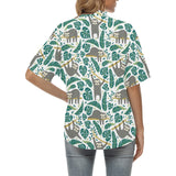 Cute sloths tropical palm leaves white background Women's All Over Print Hawaiian Shirt