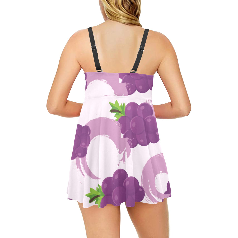 Cute Grape pattern Chest Sexy Pleated Two Piece Swim Dress