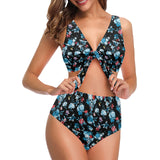 Skull flower roses leave pattern Chest Bowknot High Waisted Bikini Swimsuit