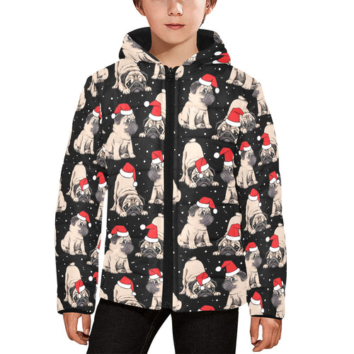 Christmas Pugs Santa_s red cap pattern Kids' Boys' Girls' Padded Hooded Jacket