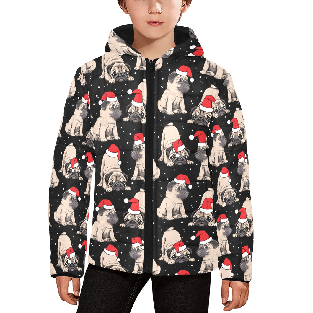 Christmas Pugs Santa_s red cap pattern Kids' Boys' Girls' Padded Hooded Jacket