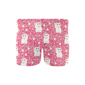 Maneki neko cat sakura pink background Men's Swimming Trunks