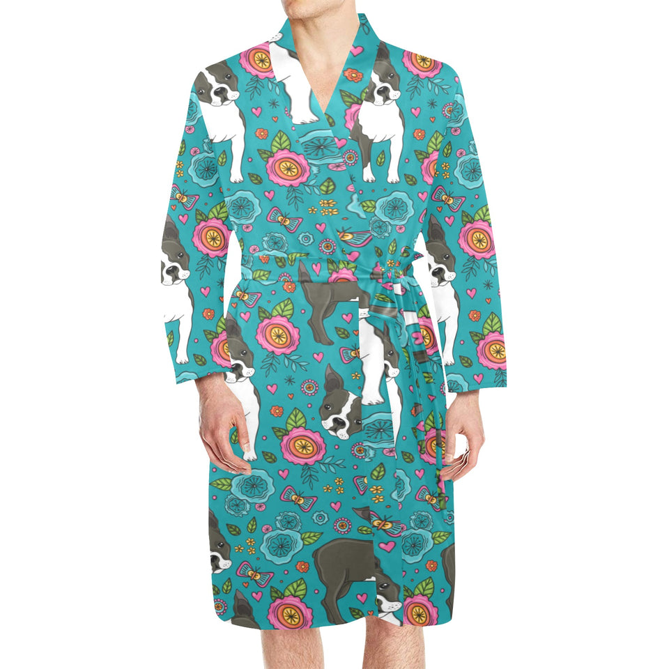 Boston terrier beautiful flower pattern Men's Long Sleeve Belted Night Robe