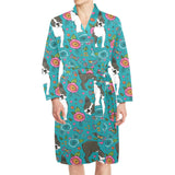 Boston terrier beautiful flower pattern Men's Long Sleeve Belted Night Robe