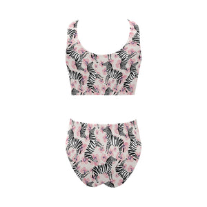 Zebra pink flower background Chest Bowknot High Waisted Bikini Swimsuit