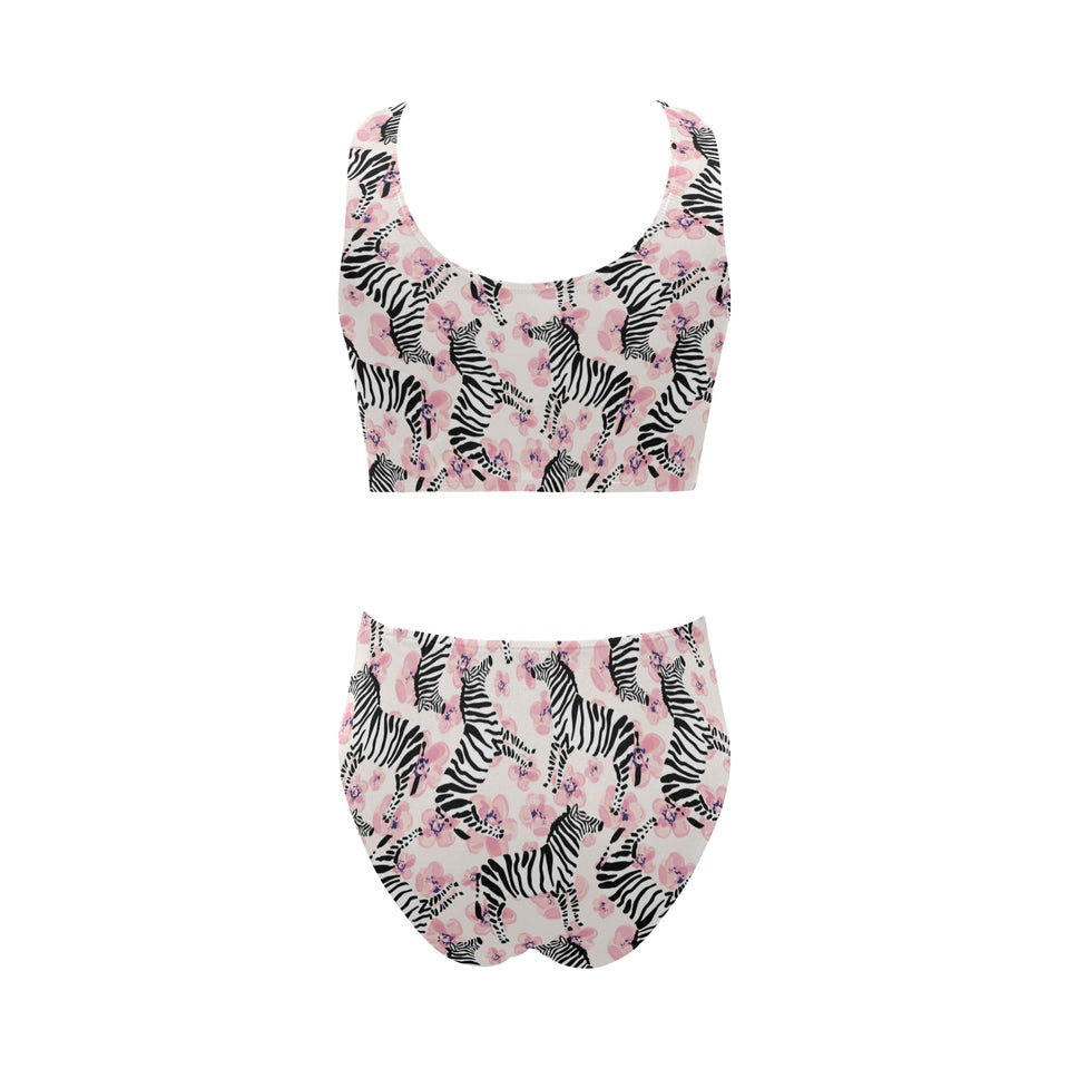 Zebra pink flower background Chest Bowknot High Waisted Bikini Swimsuit