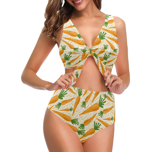 Carrot Pattern Print Design 01 Chest Bowknot High Waisted Bikini Swimsuit