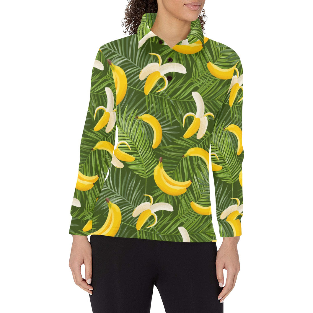 Banana Palm Leaves pattern Women's Long Sleeve Polo Shirt