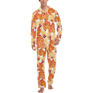Orange yellow orchid flower pattern background Men's Long Pajama Set