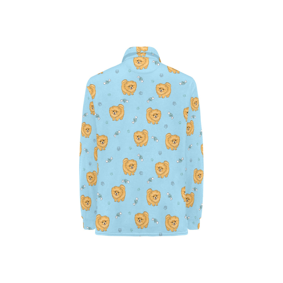 Brown cute pomeranian blue blackground Women's Long Sleeve Polo Shirt