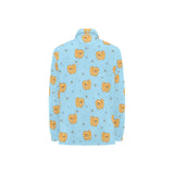 Brown cute pomeranian blue blackground Women's Long Sleeve Polo Shirt