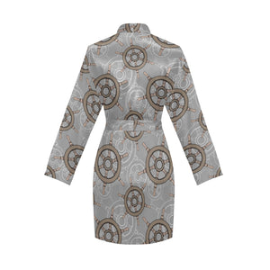 nautical wood steering wheel pattern Women's Long Sleeve Belted Night Robe