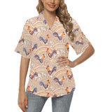 Cute rooster chicken cock floral ornament backgrou Women's All Over Print Hawaiian Shirt