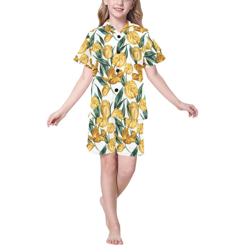 yellow tulips pattern Kids' Boys' Girls' V-Neck Short Pajama Set