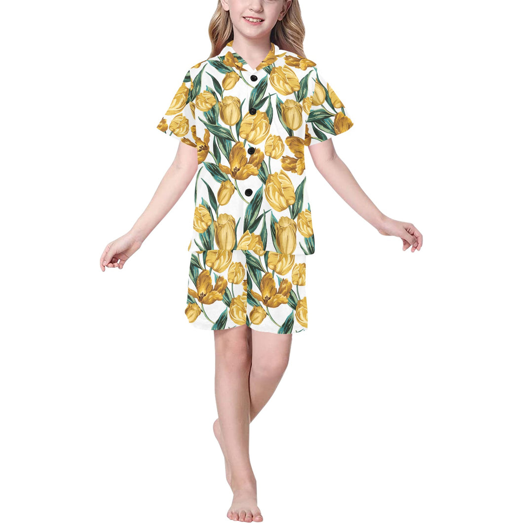 yellow tulips pattern Kids' Boys' Girls' V-Neck Short Pajama Set