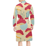 Red Bonsai gray sun japanese pattern Men's Long Sleeve Belted Night Robe