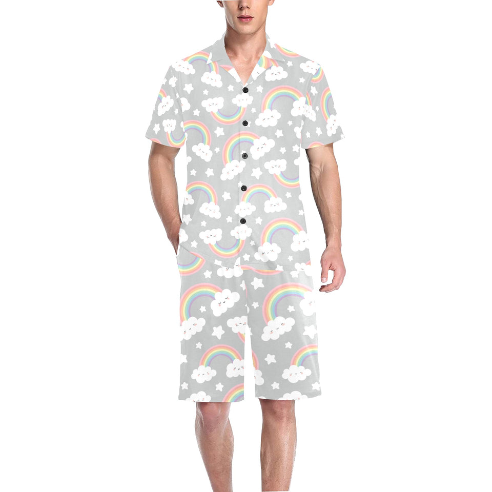 Cute rainbow clound star pattern Men's V-Neck Short Pajama Set
