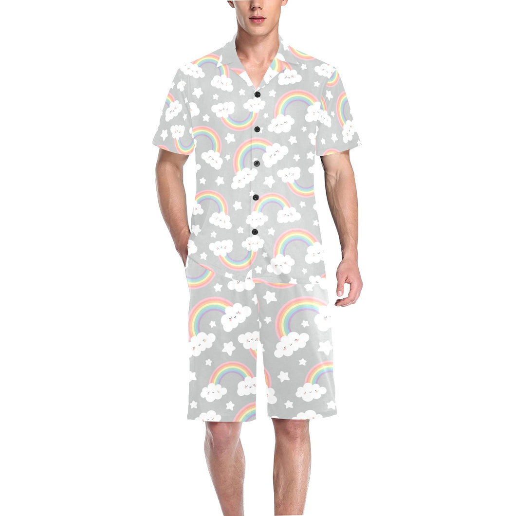 Cute rainbow clound star pattern Men's V-Neck Short Pajama Set