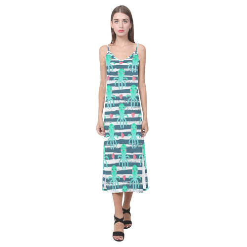 Cute octopuses heart striped background V-Neck Open Fork Long Dress