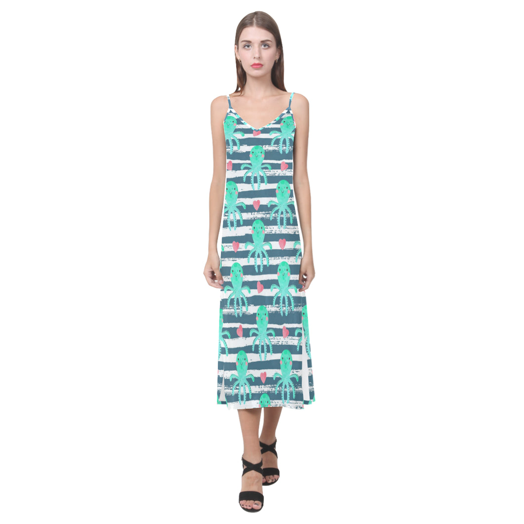 Cute octopuses heart striped background V-Neck Open Fork Long Dress