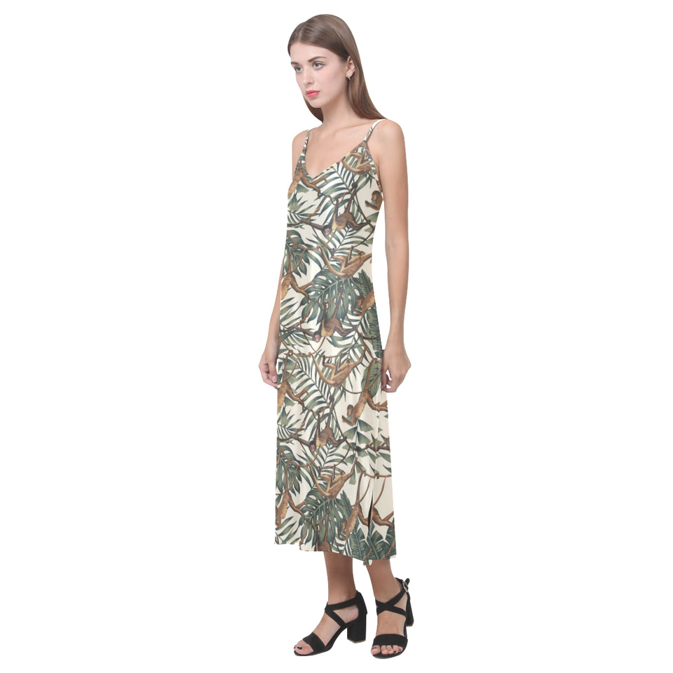 Monkey tropical leaves background V-Neck Open Fork Long Dress