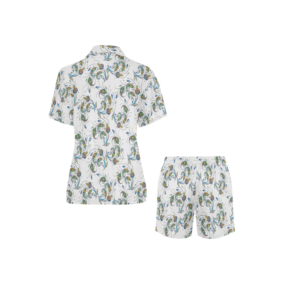 Peacock feather pattern Women's V-Neck Short Pajama Set