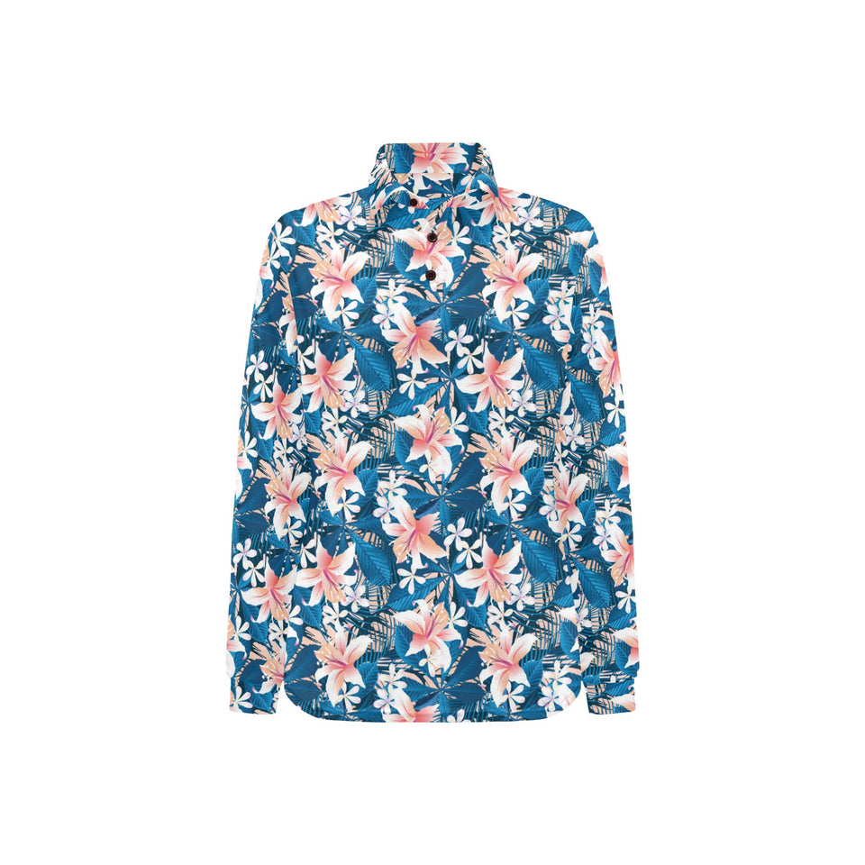 Hibiscus Pattern Print Design 02 Women's Long Sleeve Polo Shirt