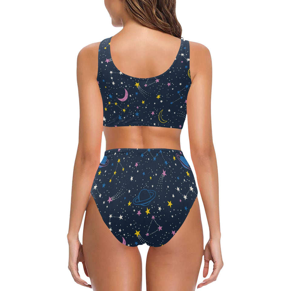 space pattern with planets, comets, constellations Chest Bowknot High Waisted Bikini Swimsuit