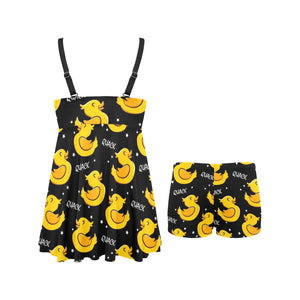 Duck Pattern Print Design 05 Chest Sexy Pleated Two Piece Swim Dress