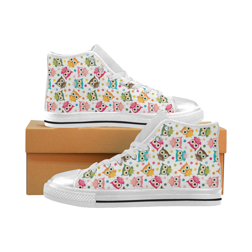 Color cute owl pattern Women's High Top Canvas Shoes White