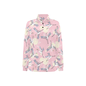Japanese crane rose pattern Women's Long Sleeve Polo Shirt