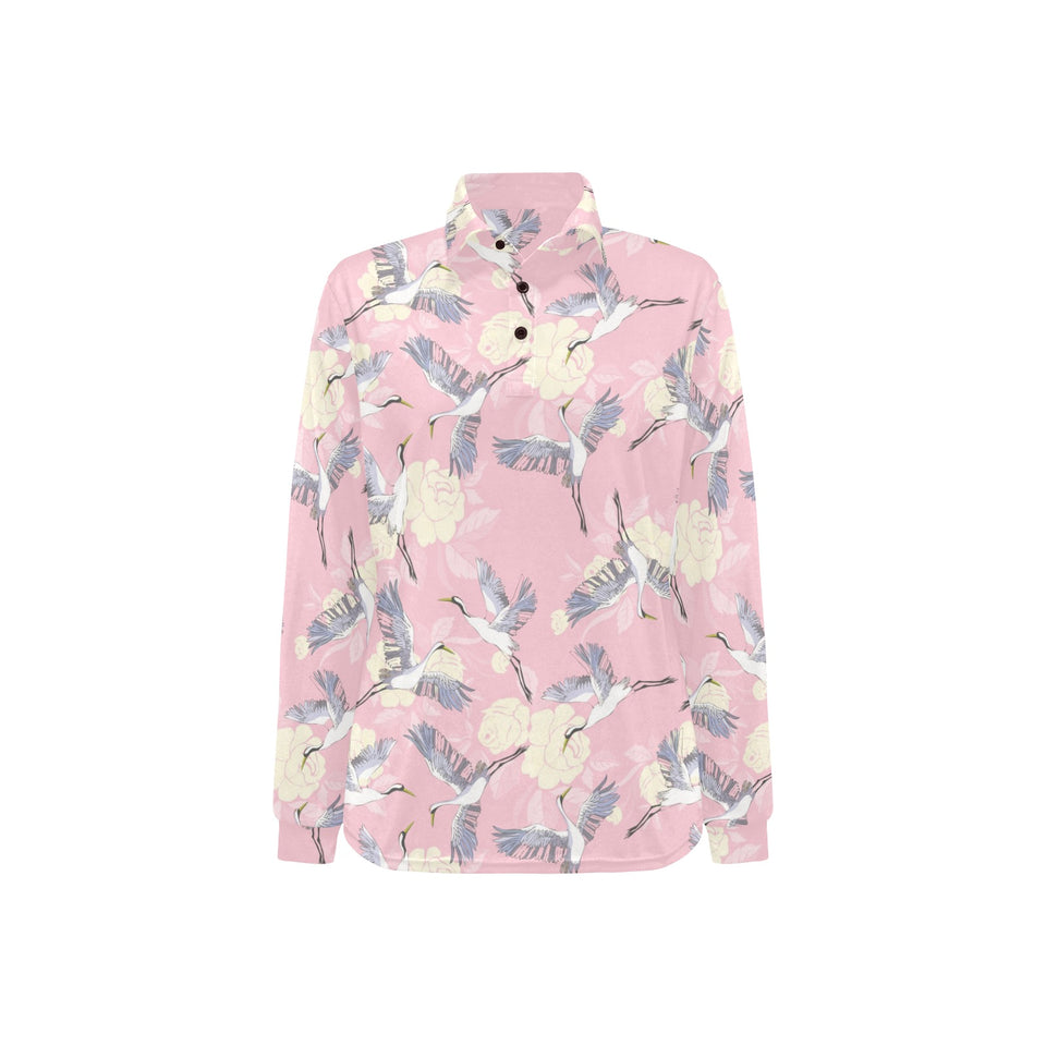 Japanese crane rose pattern Women's Long Sleeve Polo Shirt