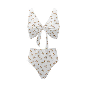 Jack Russel Pattern Print Design 04 Chest Bowknot High Waisted Bikini Swimsuit