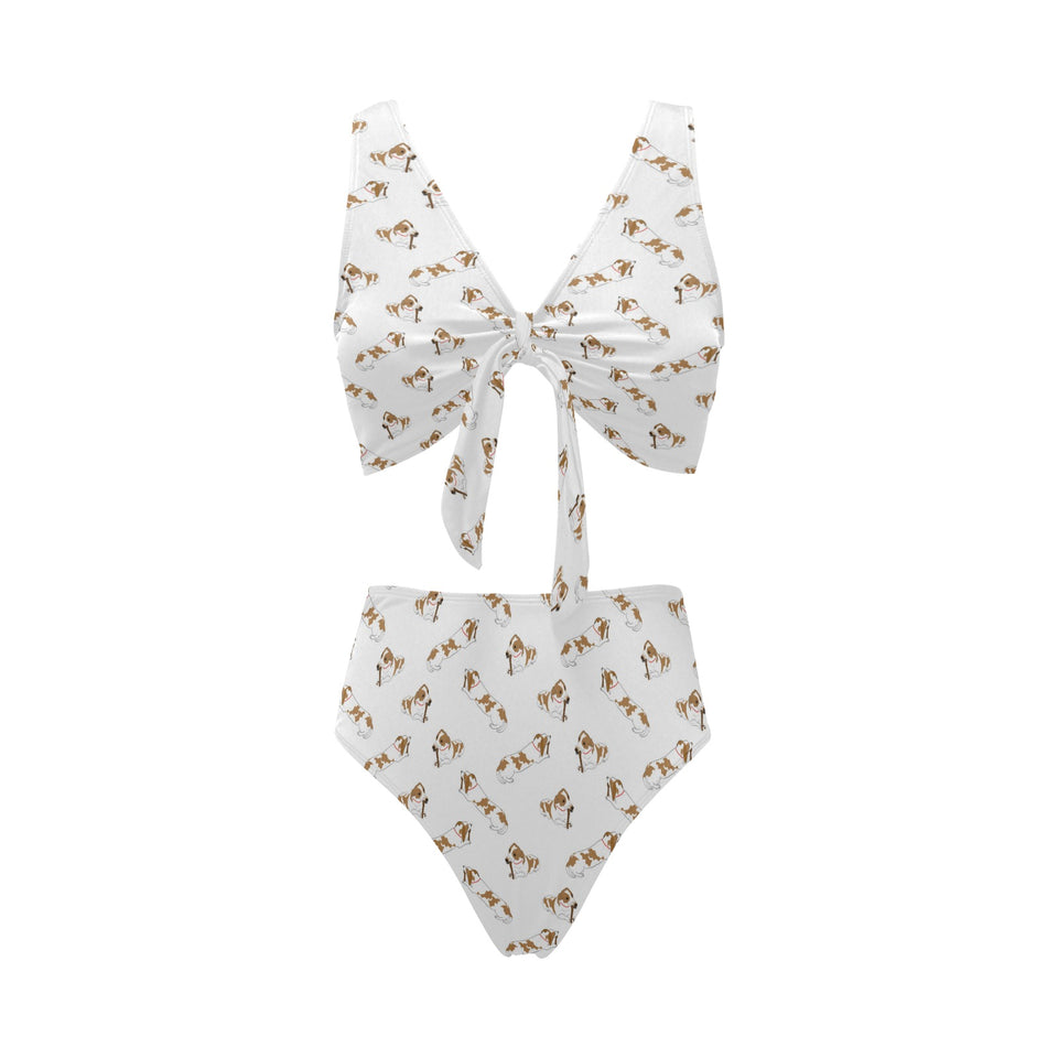 Jack Russel Pattern Print Design 04 Chest Bowknot High Waisted Bikini Swimsuit