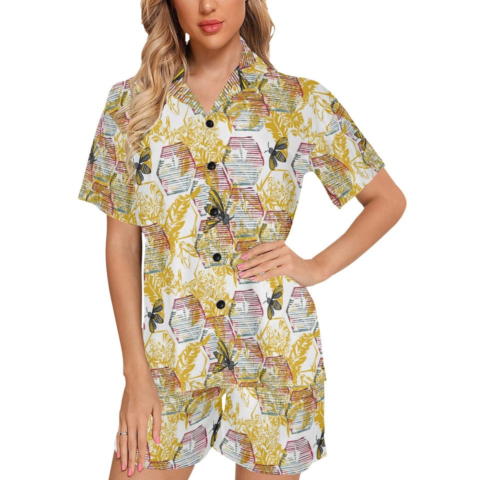 Cool Bee honeycomb leaves pattern Women's V-Neck Short Pajama Set
