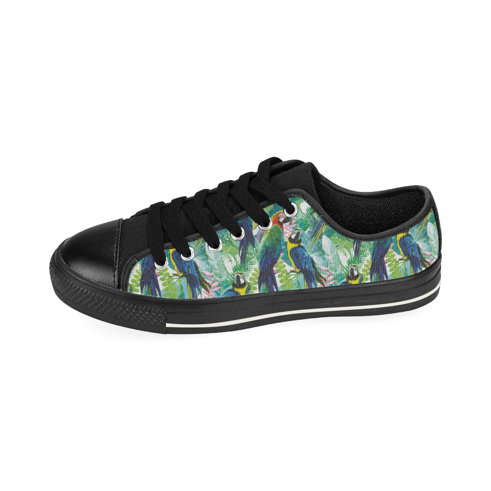 Colorful parrot exotic flower leaves Men's Low Top Canvas Shoes Black