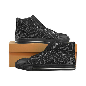 Spider web pattern Black background white cobweb Women's High Top Canvas Shoes Black