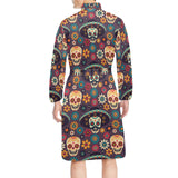 Sugar skulls flower maxican pattern Men's Long Sleeve Belted Night Robe