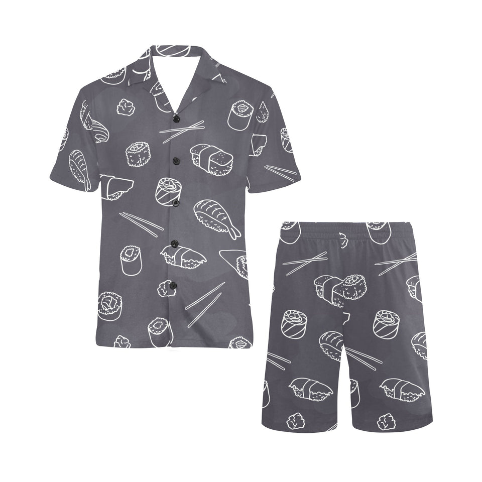 sushi pattern black background Men's V-Neck Short Pajama Set