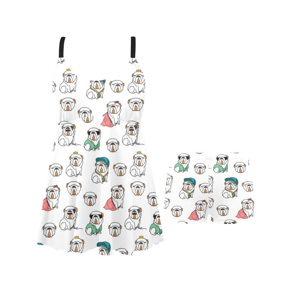 English Bulldog Pattern Print Design 03 Chest Sexy Pleated Two Piece Swim Dress