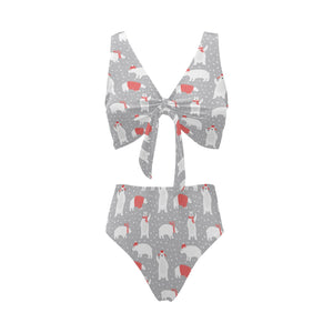 Cute polar bear christmas snow pattern Chest Bowknot High Waisted Bikini Swimsuit