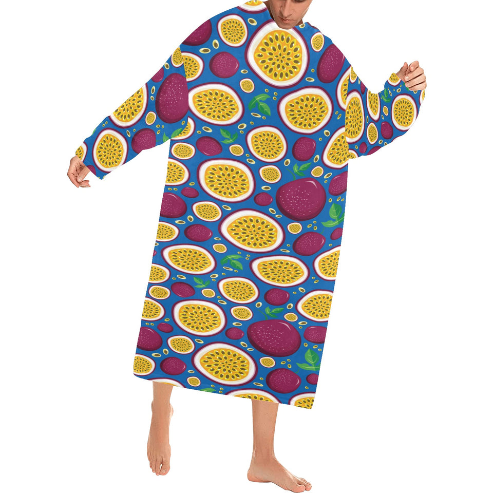 Passion fruit blue background Blanket Robe with Sleeves