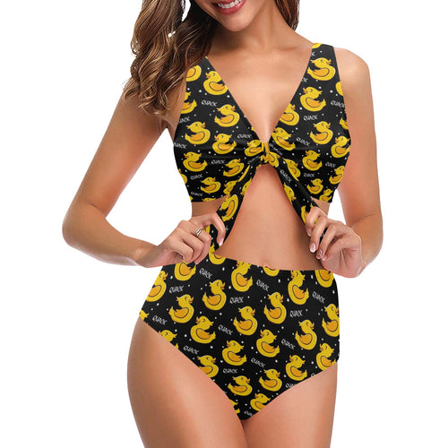 Duck Pattern Print Design 05 Chest Bowknot High Waisted Bikini Swimsuit